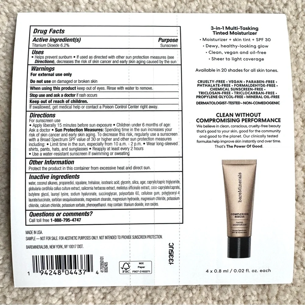 BareMinerals Complexion Rescue Tinted Moisturizer SAMPLE Vanilla 02 Natural 05